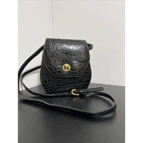Vintage Albert Nipon Embossed Leather Crossbody Bag Black 7” x 6” - Picture 1 of 16